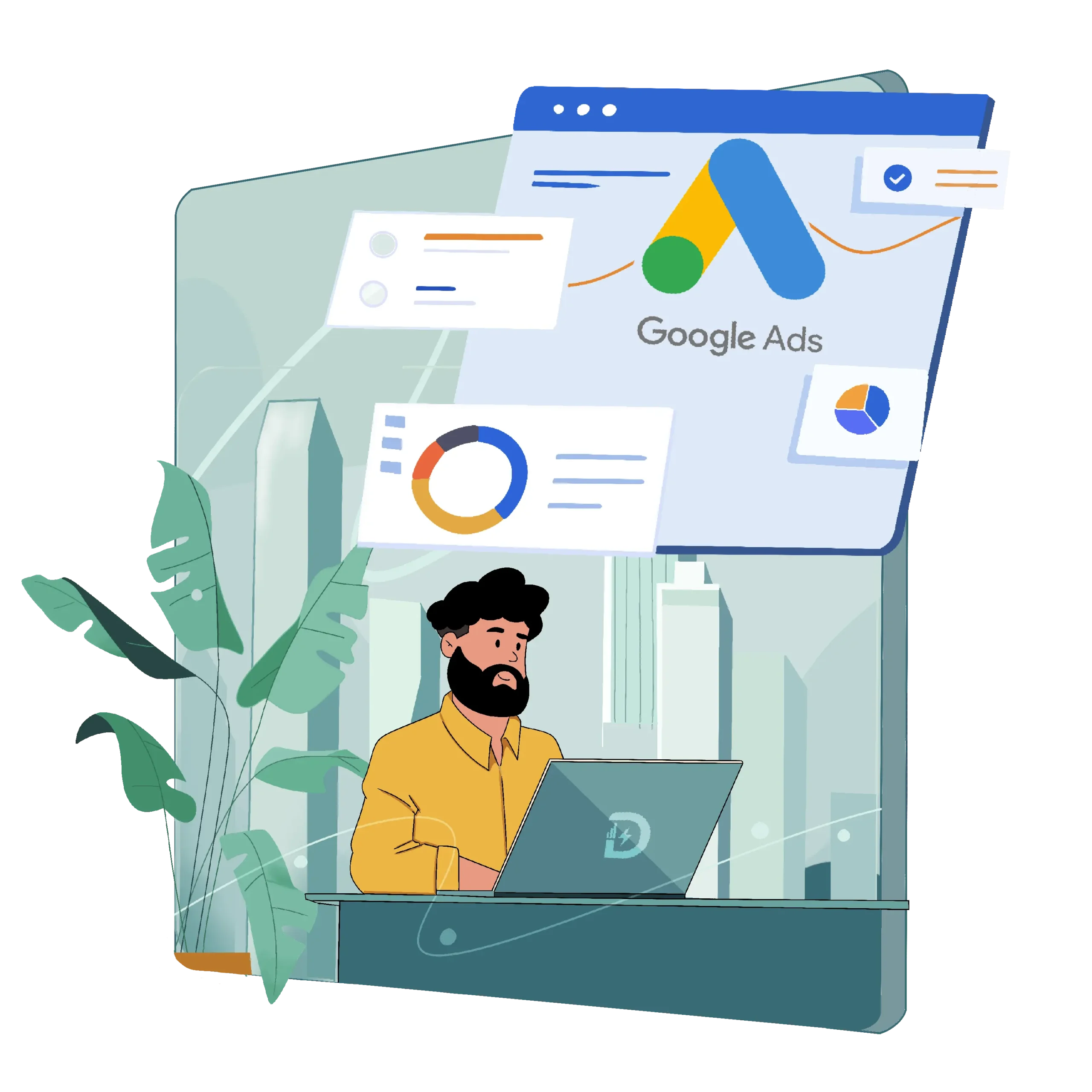 Illustration showing a marketer managing Google Ads campaigns, created by the best digital marketing agency in Thrissur, Kerala